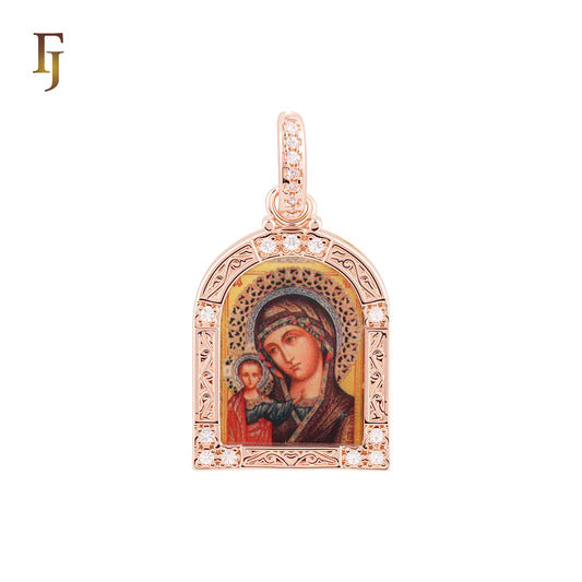 Portrait of Theotokos Kazan Virgin Mary Russian Orthodox Religious Rose Gold Pendant