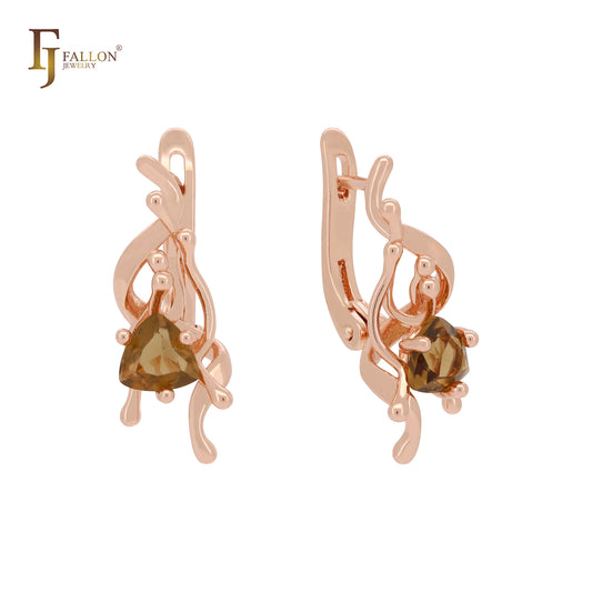 Blooming flourishing solitaire triangular CZ 14K Gold, Rose Gold Russian Lock Earrings