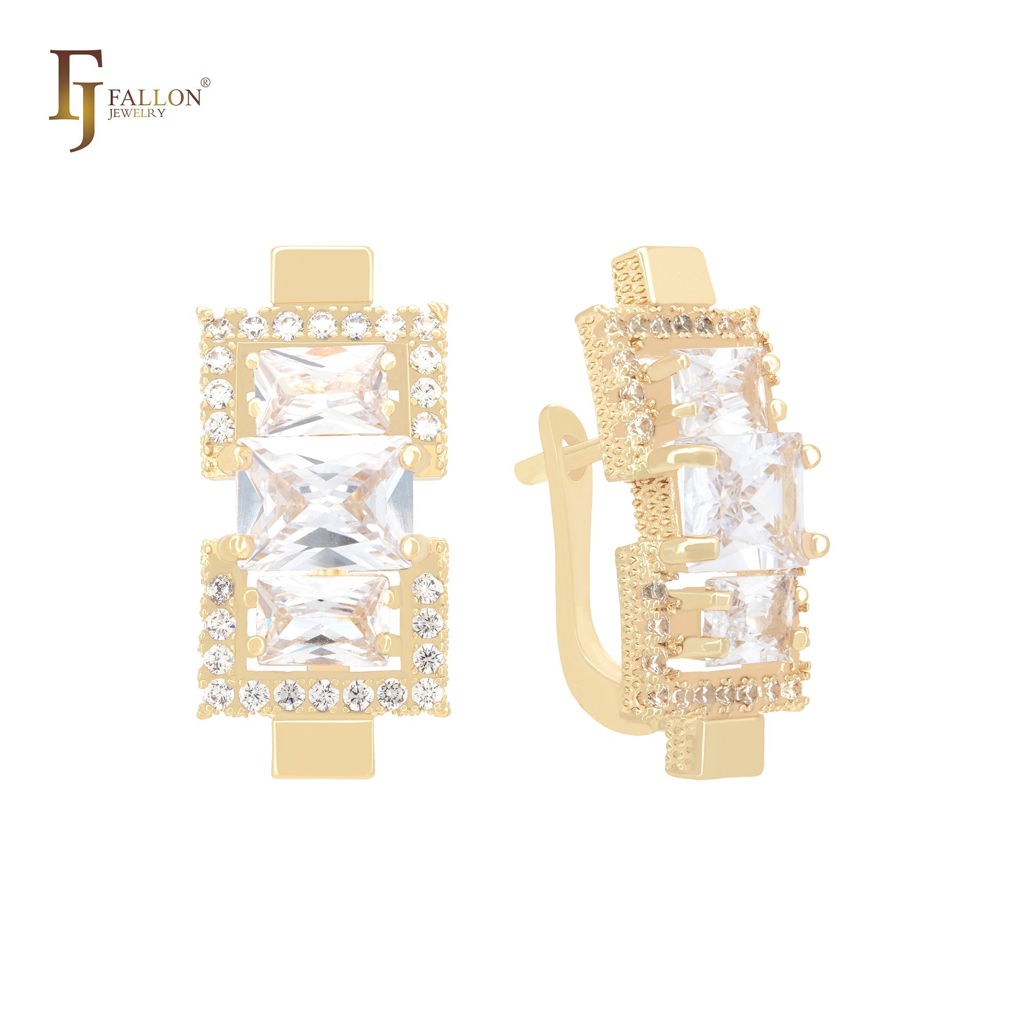 Pendientes de clip de oro rosa de 14 quilates con triple baguette y circonitas cúbicas en azul lago.