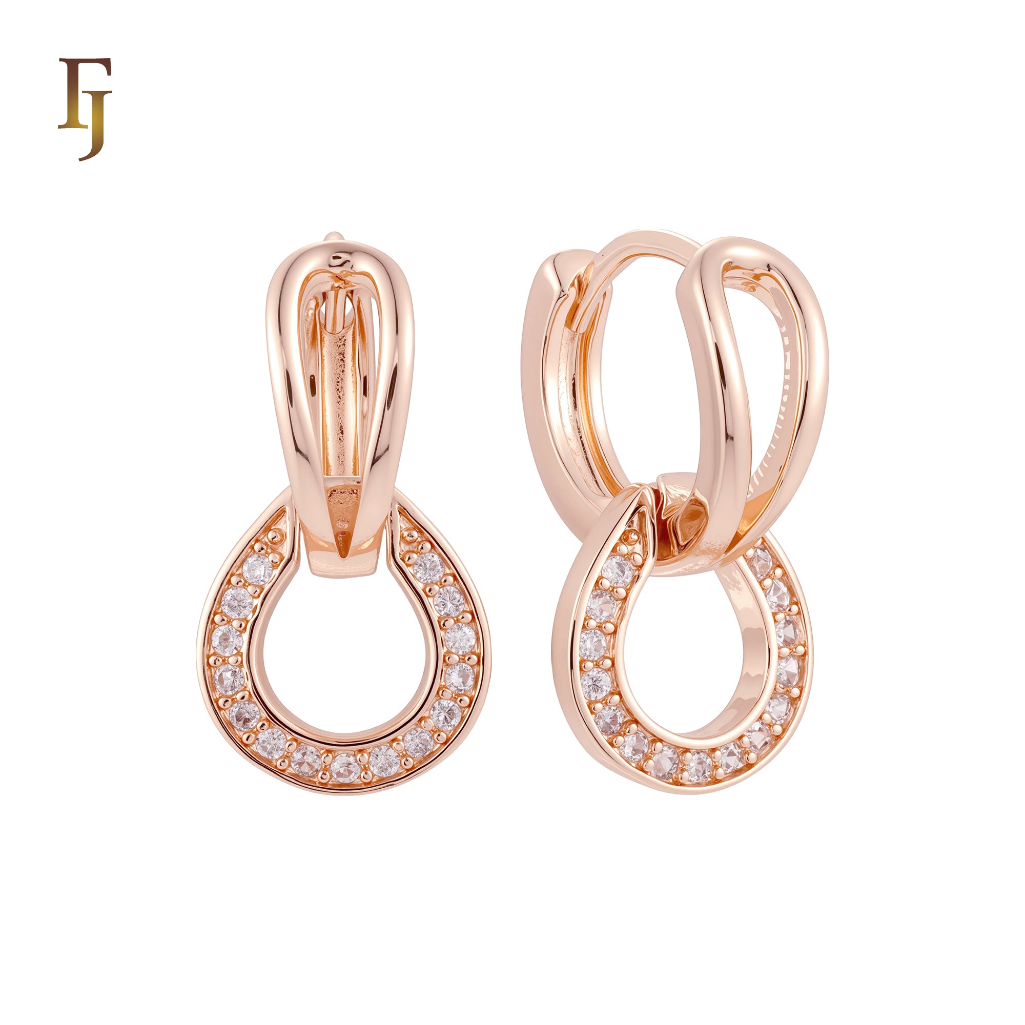Double Horseshoe shaped white CZs Rose Gold Huggie Earrings