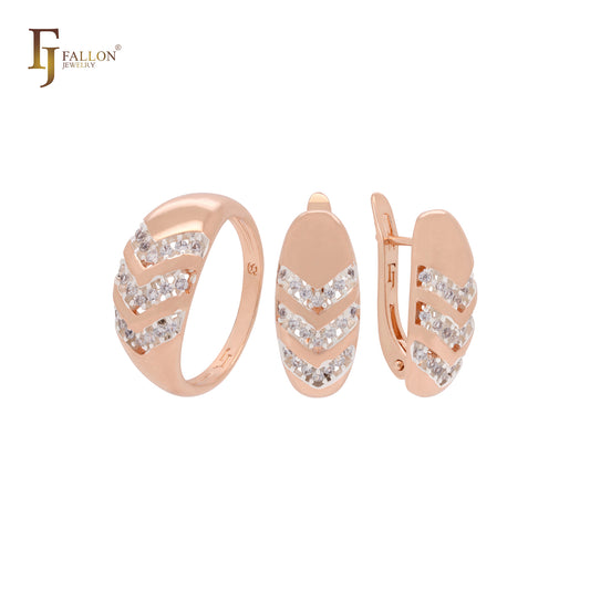 Conjunto de joyas bicolor en oro rosa con tres flechas de circonitas blancas y anillos.