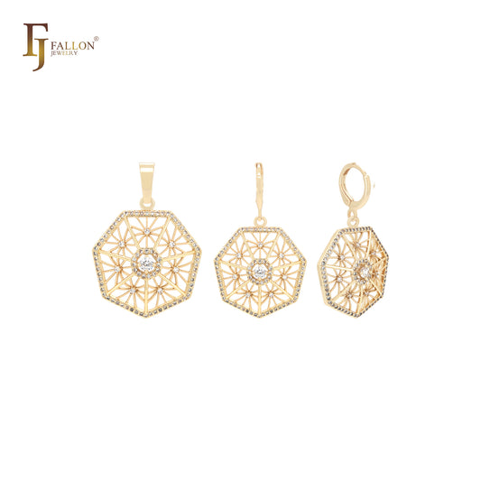 Conjunto de joyas de oro de 14 quilates con colgante y halo de copo de nieve de heptágono y circonita blanca