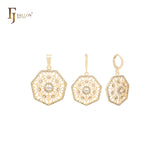 Conjunto de joyas de oro de 14 quilates con colgante y halo de copo de nieve de heptágono y circonita blanca
