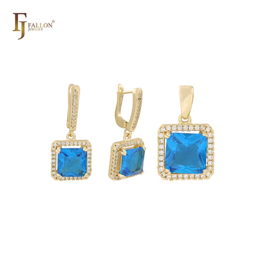 Conjunto de joyas de oro de 14 quilates con solitario de halo y corte cojín con circonita cúbica grande y colgante