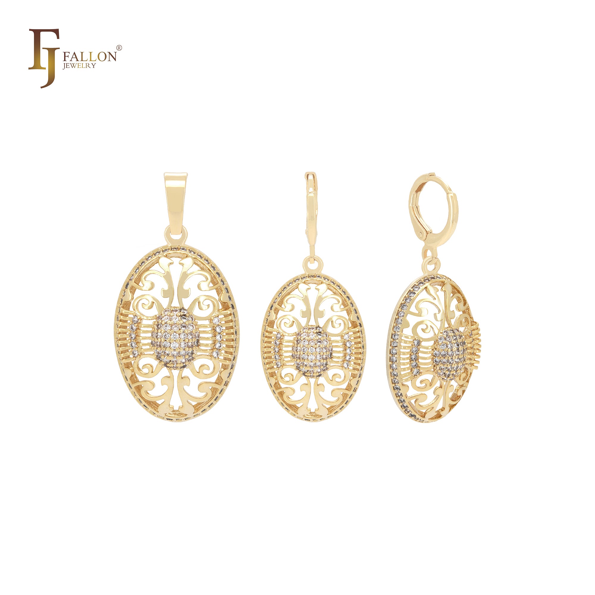 Conjunto de joyas de oro de 14 quilates con filigrana ovalada de circonitas blancas y colgante