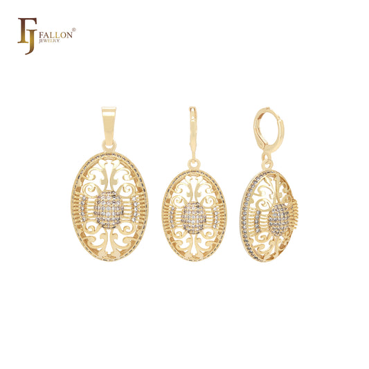 Conjunto de joyas de oro de 14 quilates con filigrana ovalada de circonitas blancas y colgante