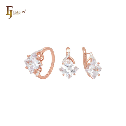 Conjunto de joyas de oro rosa con circonitas blancas y rombos grandes y cuadrados con anillos