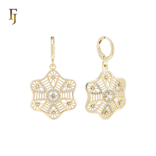 Six Petals Snowflake of white CZs 14K Gold Huggie drop Earrings
