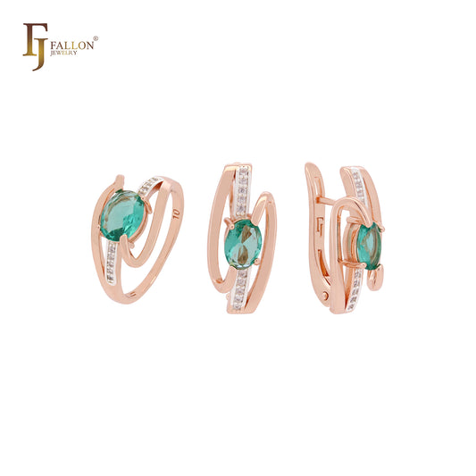 Conjunto de joyas de oro rosa 585 en dos tonos con solitario ovalado y cinta de circonita verde y anillos.