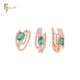 Conjunto de joyas de oro rosa 585 en dos tonos con solitario ovalado y cinta de circonita verde y anillos.