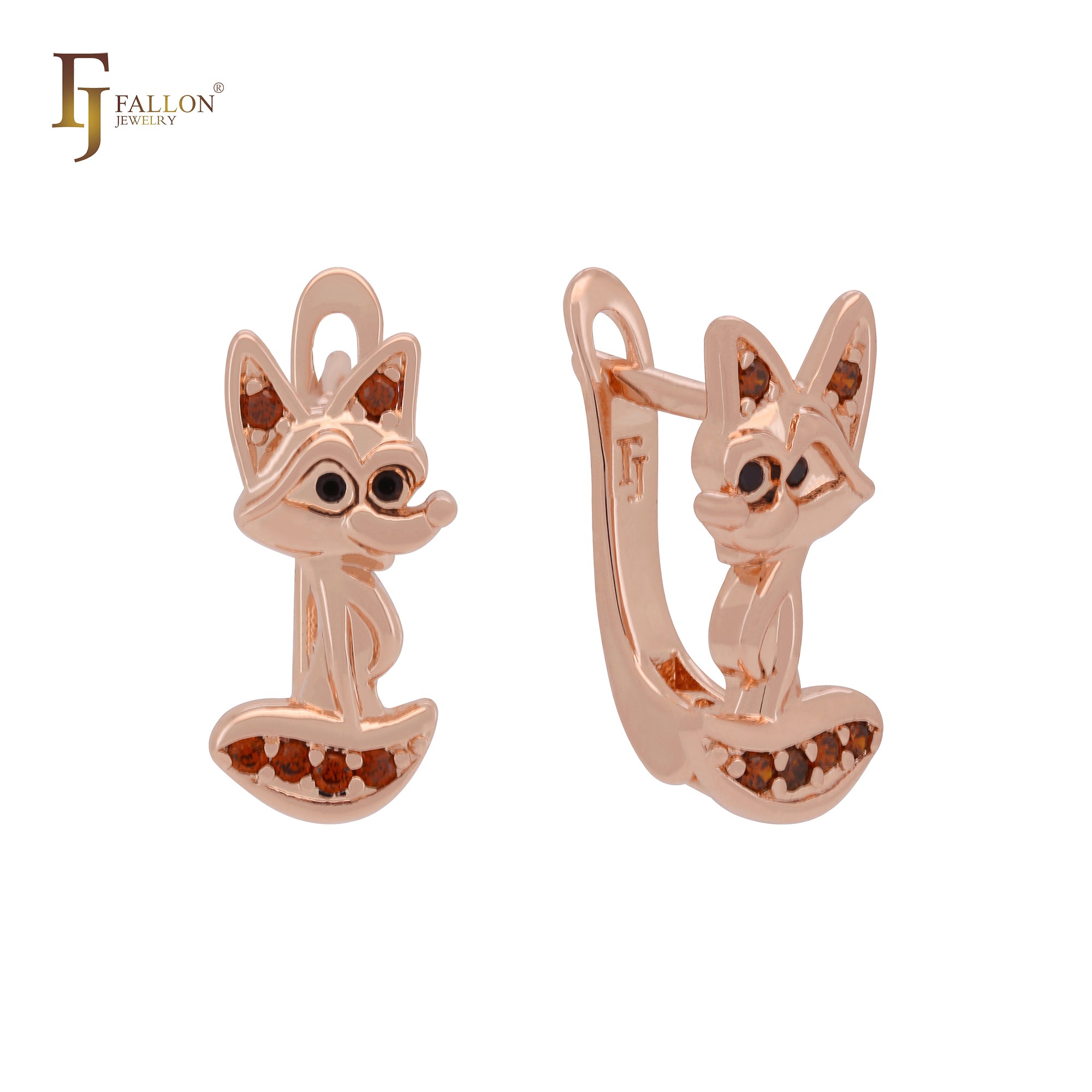 Pendientes de clip de oro rosa con un zorro adorable y circonitas rojas y negras.