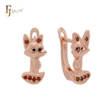 Pendientes de clip de oro rosa con un zorro adorable y circonitas rojas y negras.