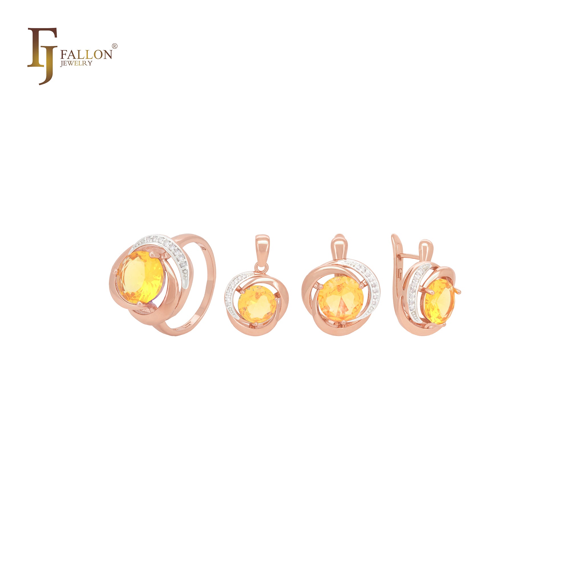 Conjunto de joyas en dos tonos de oro rosa con solitario de circonitas cúbicas naranjas y moradas y circonitas blancas, anillos y colgante.