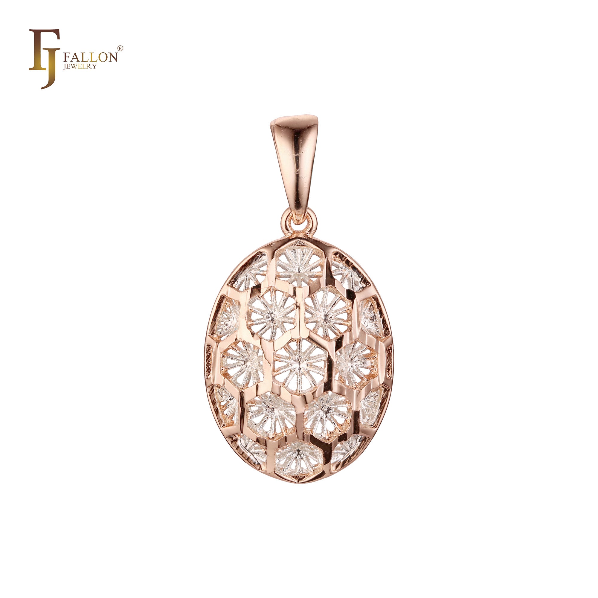 Radiant Oval Snow Flake Filigree Rose Gold two tone Pendant