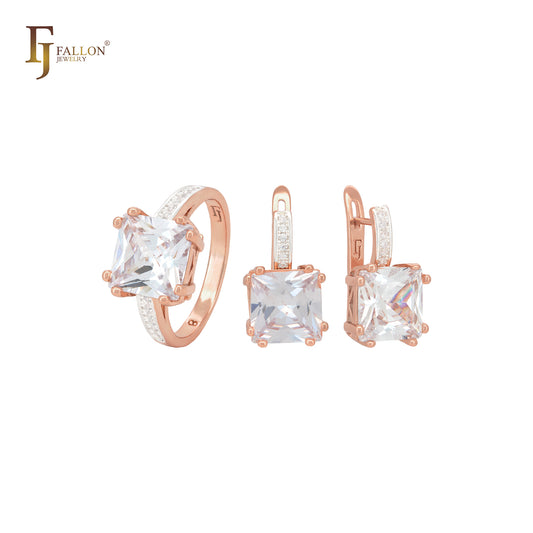 Conjunto de joyas de oro rosa con anillos y circonitas blancas o azules cuadradas con banda de circonitas blancas pavimentadas