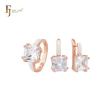 Conjunto de joyas de oro rosa con anillos y circonitas blancas o azules cuadradas con banda de circonitas blancas pavimentadas
