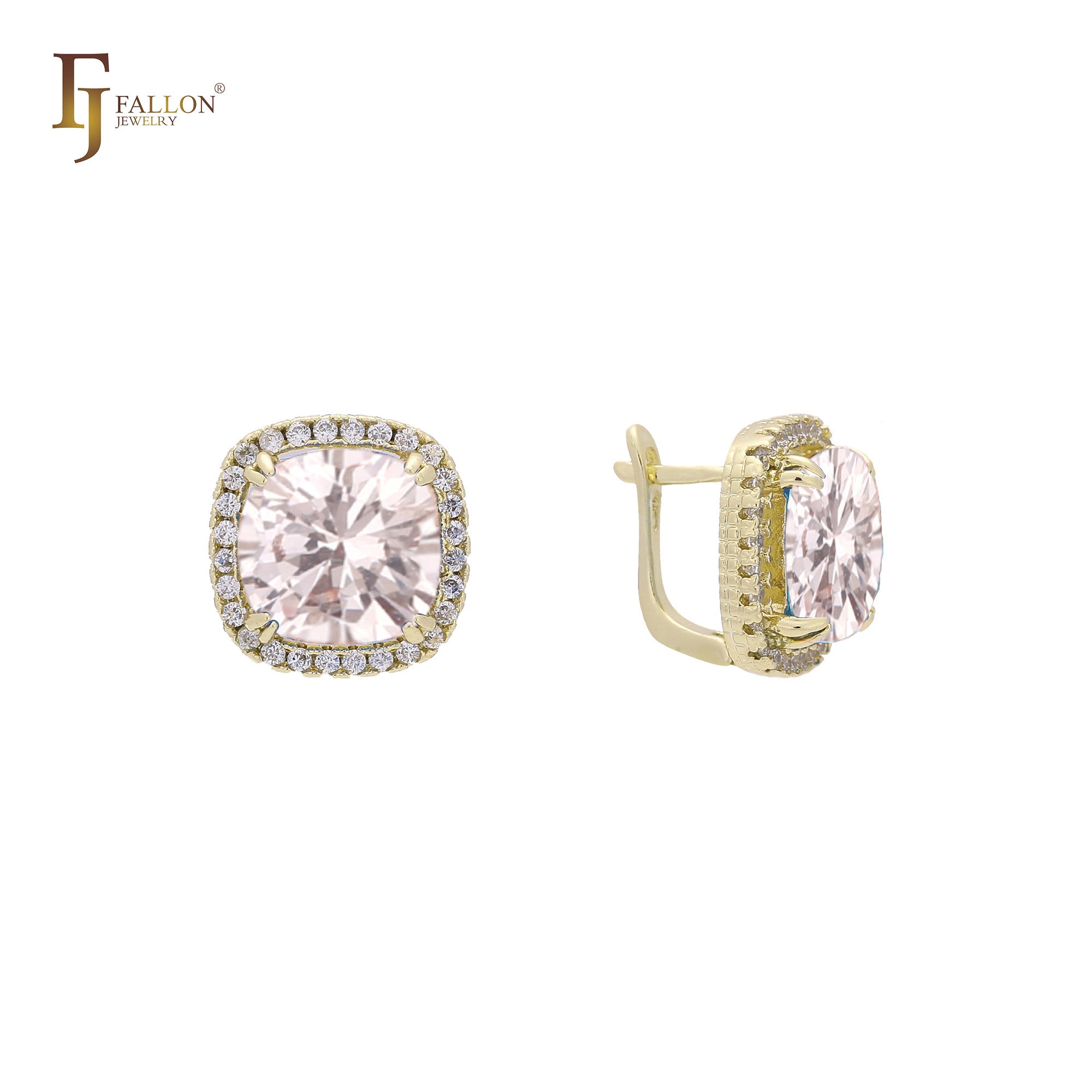 Halo Solitaire-Ohrringe mit großen Steinen in den Beschichtungsfarben 14 Karat Gold, 18 Karat Gold und Roségold