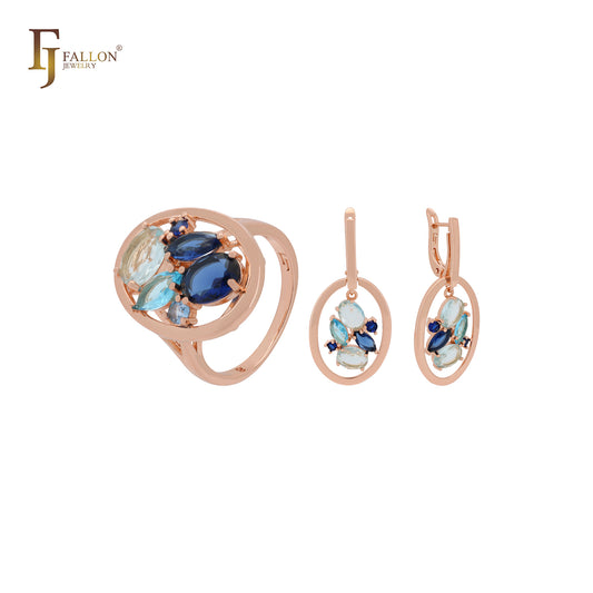 Lujoso conjunto de joyas de oro rosa con circonitas cúbicas en azul lago y azul profundo y anillos