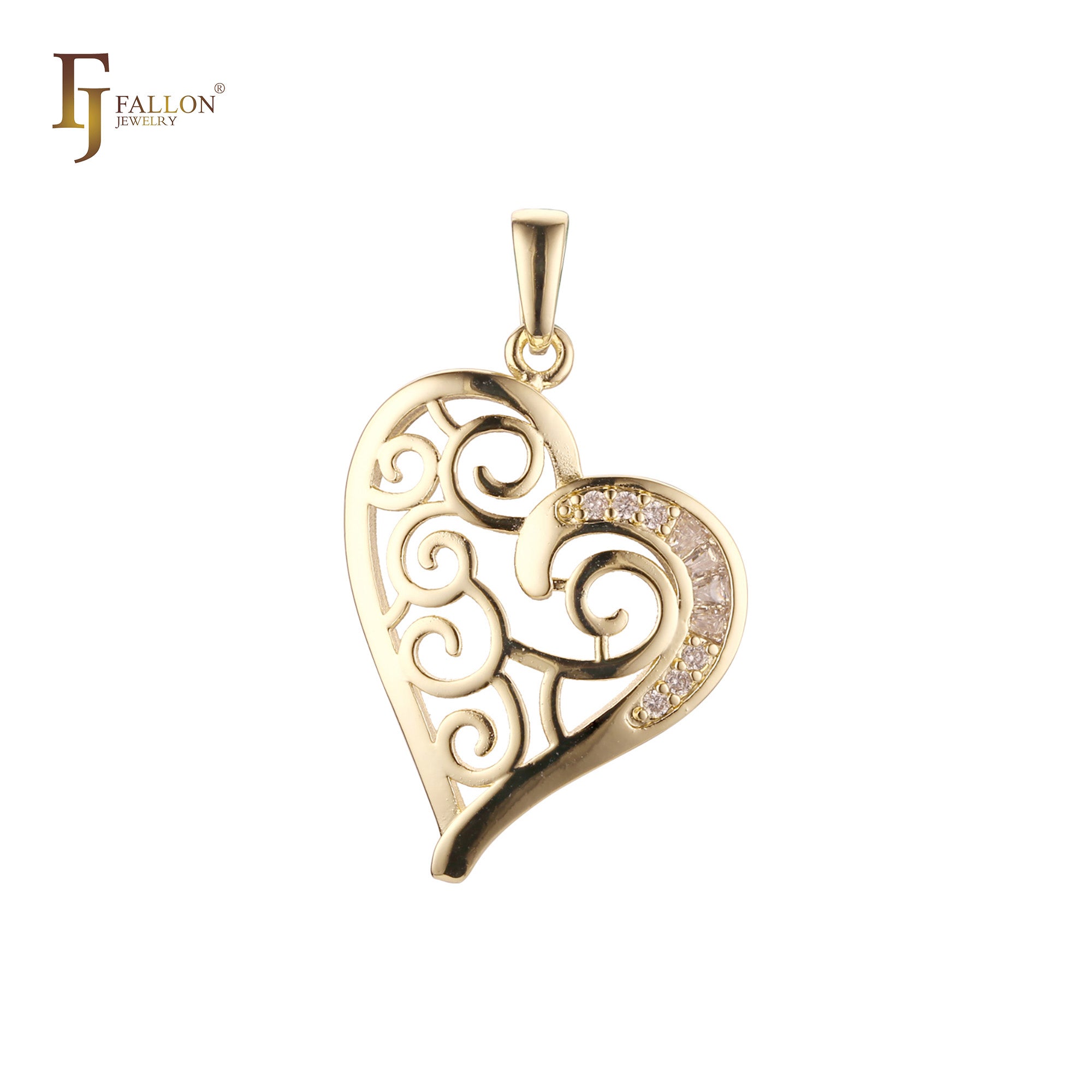 Filigree of Cloud mixed white CZs 14K Gold Heart Pendant