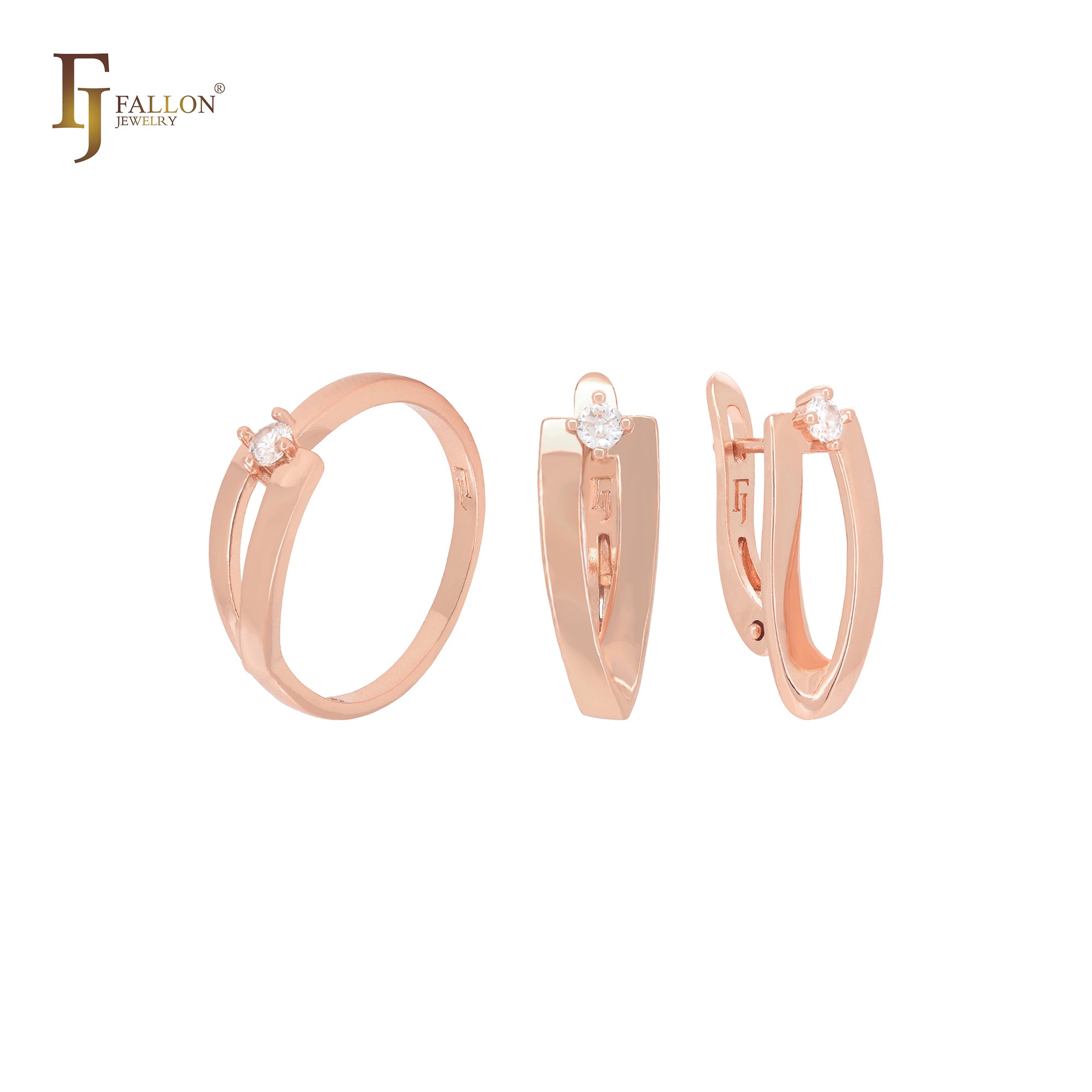 Conjunto de joyas de oro rosa con anillos y cinta retorcida geométrica