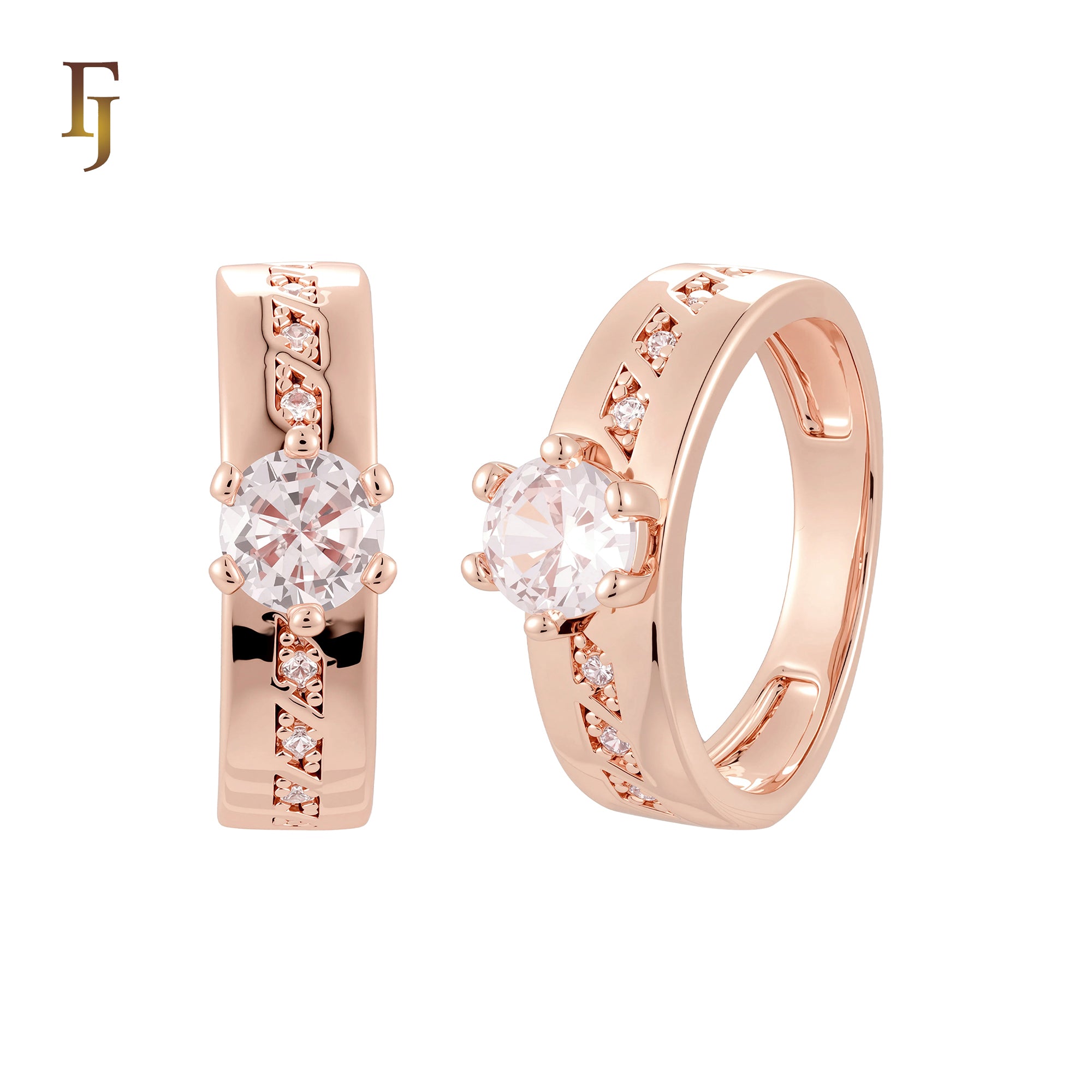 Center partial squared white CZs 14K Gold, Rose Gold Wedding Set Rings Engagement and Band