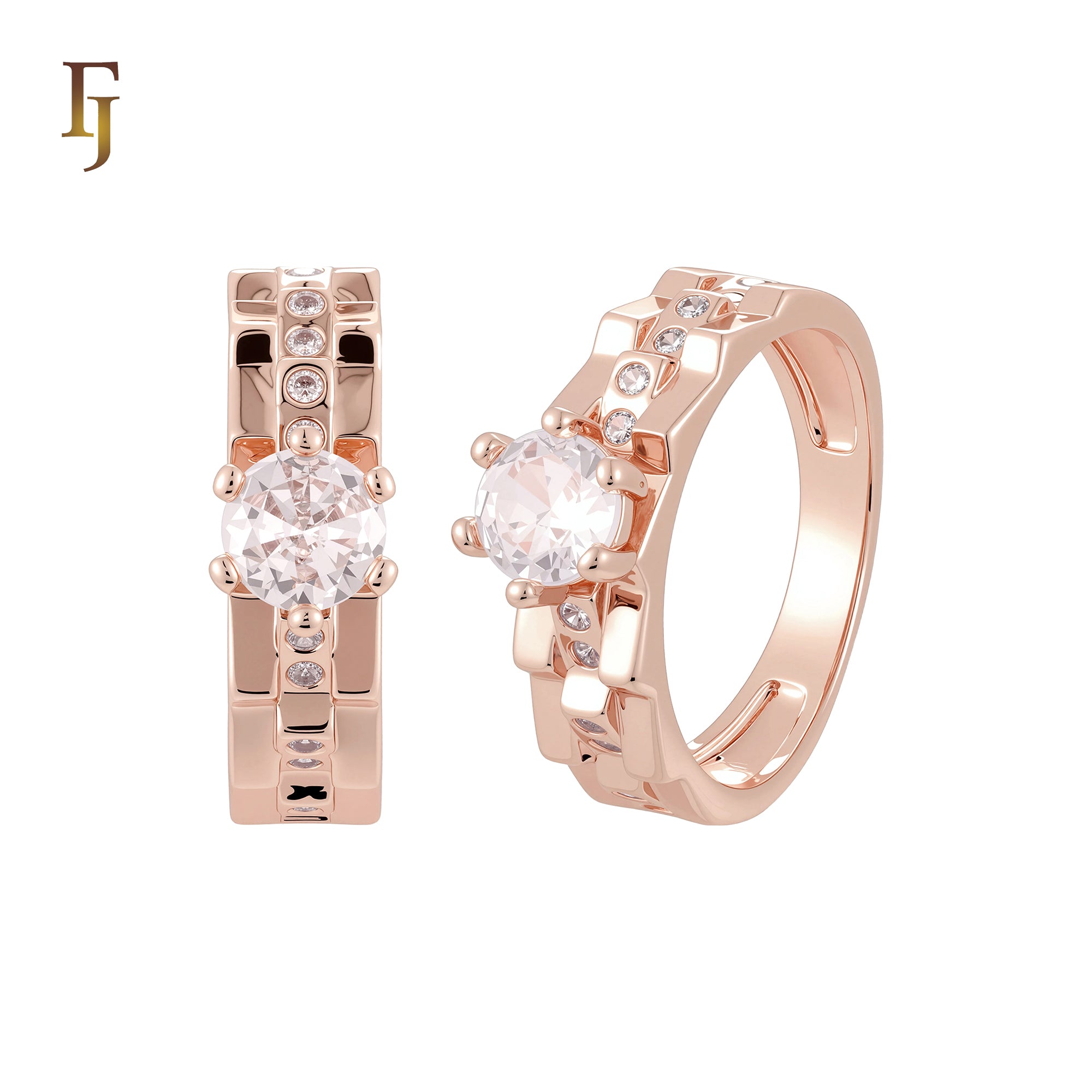 Double Tooth edged white CZs 14K Gold, Rose Gold Wedding Set Rings Engagement and Band