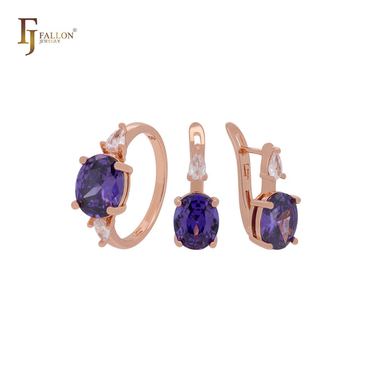 Conjunto de joyas de oro rosa con anillos y gran solitario de circonitas moradas y blancas.