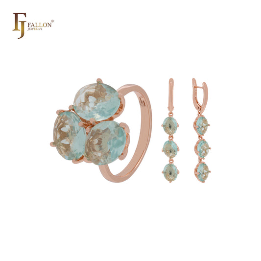Conjunto de joyas de oro rosa con anillos y triple circonita cúbica verde manzana en racimo grande
