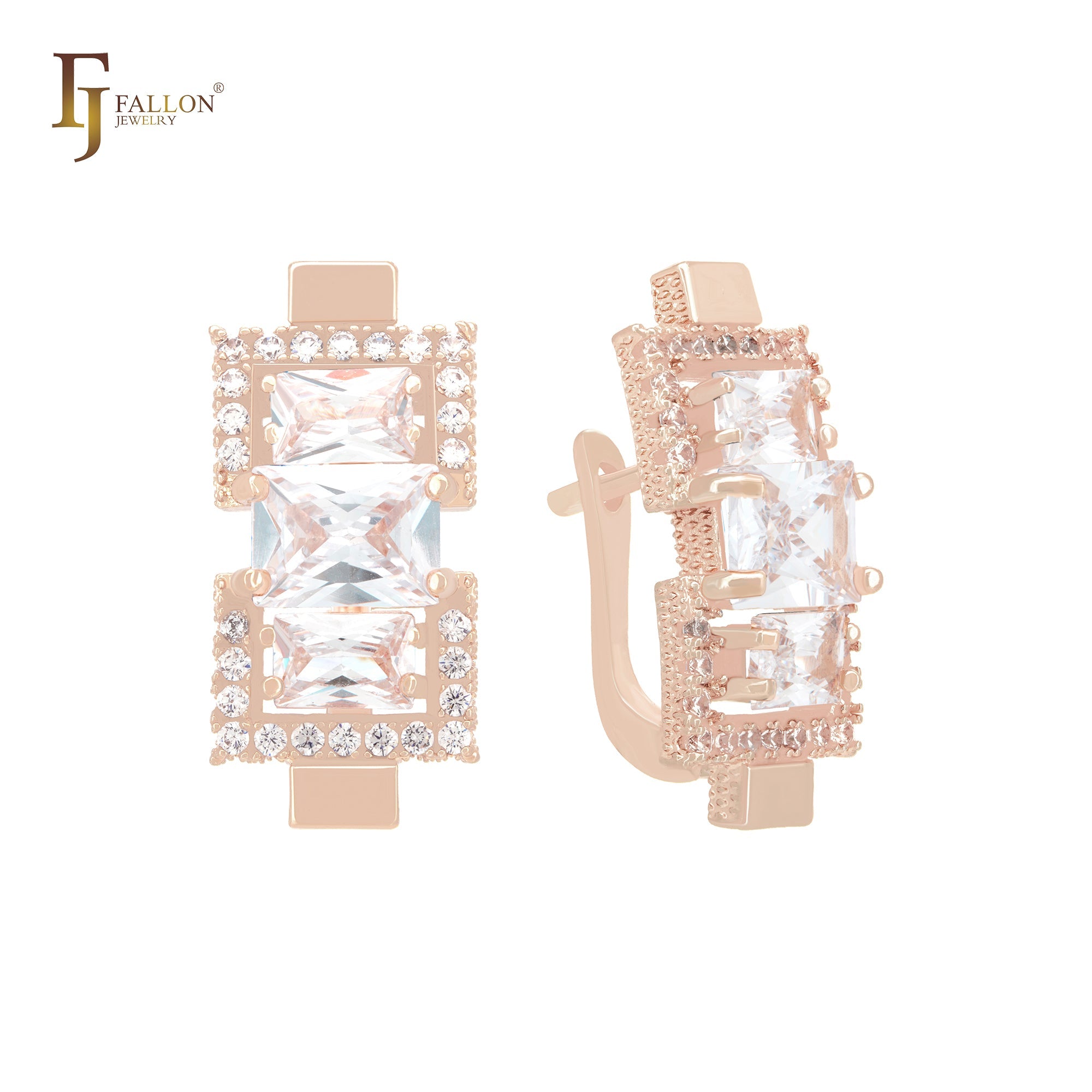 Pendientes de clip de oro rosa de 14 quilates con triple baguette y circonitas cúbicas en azul lago.