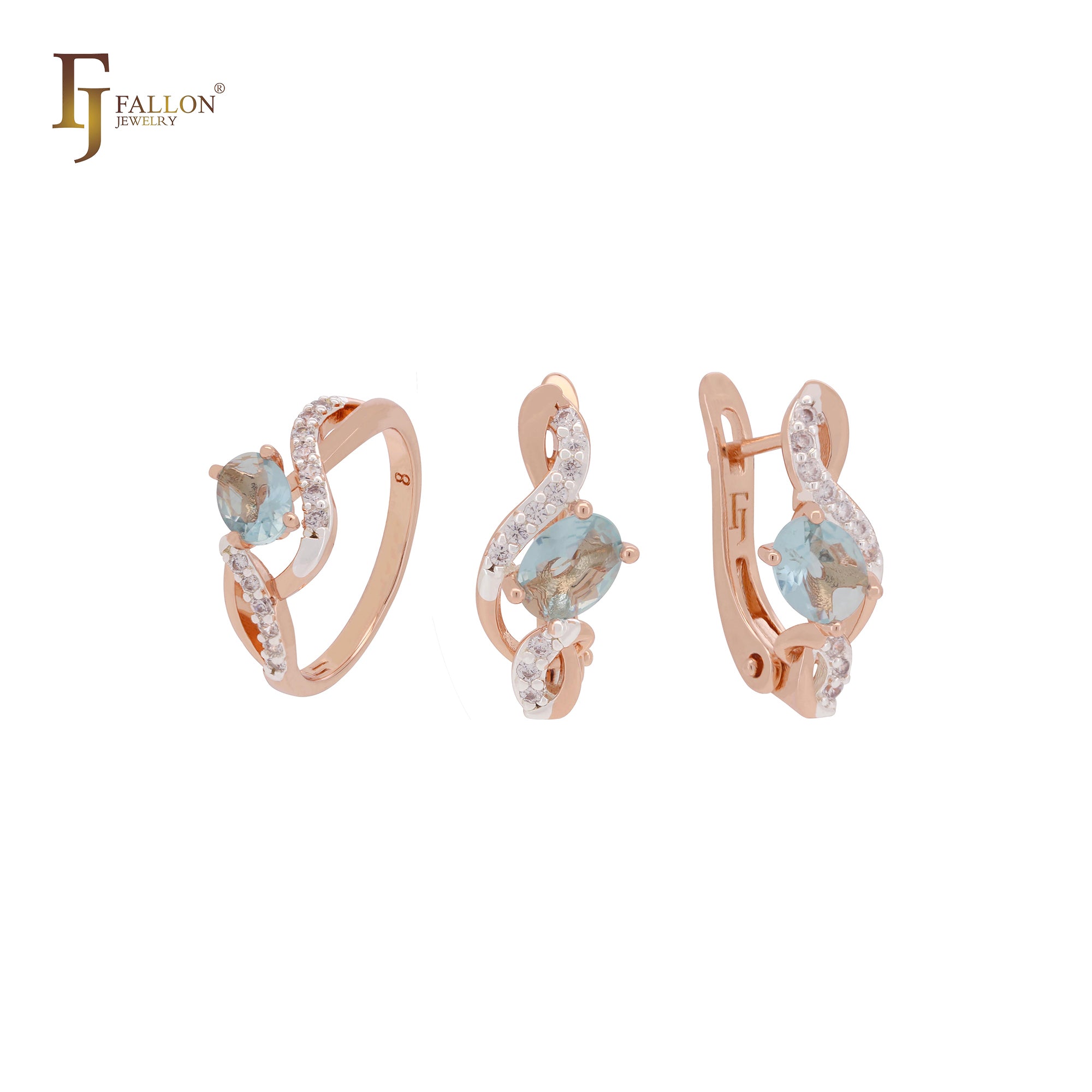 Conjunto de joyas de oro rosa de dos tonos con anillos y circonitas blancas en racimo de enlaces retorcidos