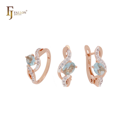 Conjunto de joyas de oro rosa de dos tonos con anillos y circonitas blancas en racimo de enlaces retorcidos
