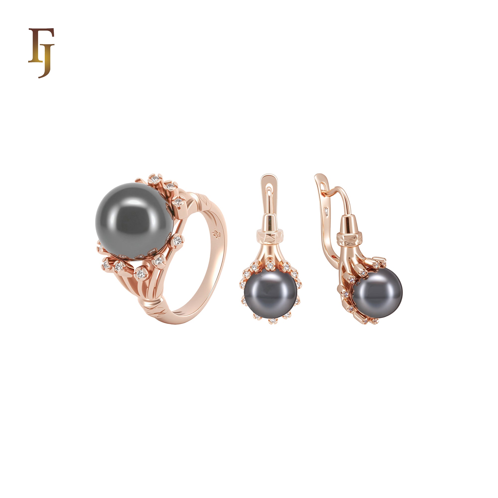 Elegant Black Pearl white CZs Rose Gold Jewelry Set with Rings