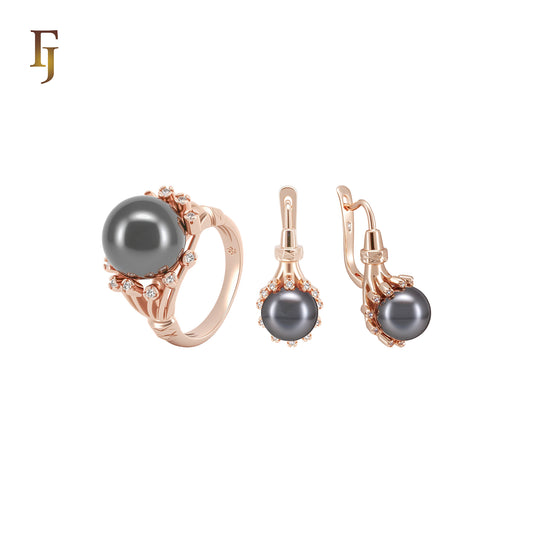 Elegant Black Pearl white CZs Rose Gold Jewelry Set with Rings