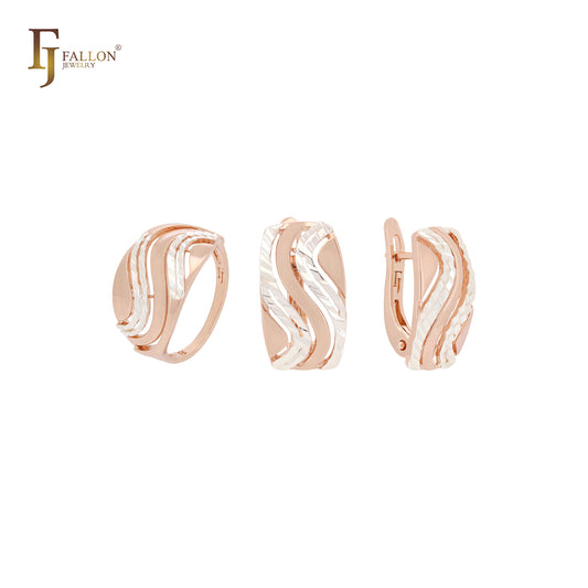 Conjunto de joyas de dos tonos en oro rosa con filas geométricas onduladas curvas y anillos