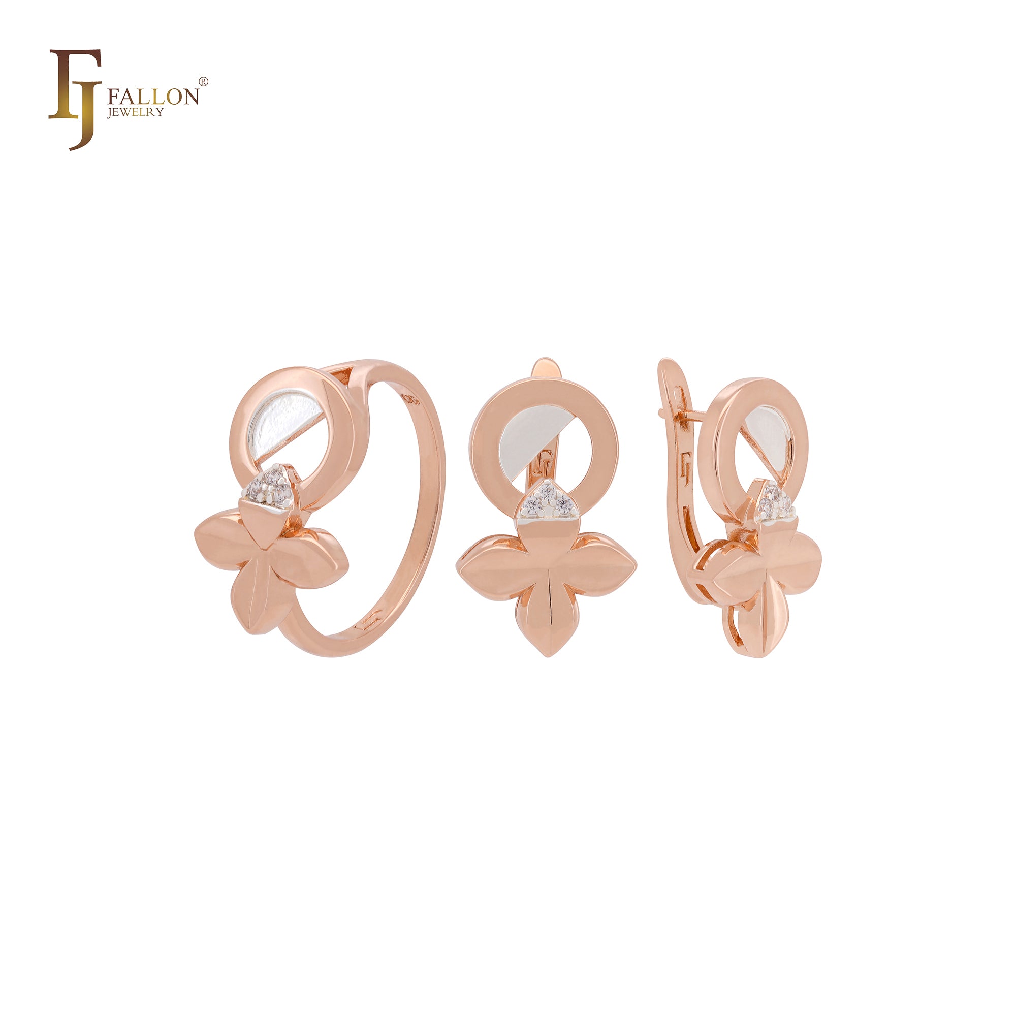 Conjunto de joyas de oro rosa de dos tonos con anillos y hojas de trébol mixtas circulares con circonitas blancas