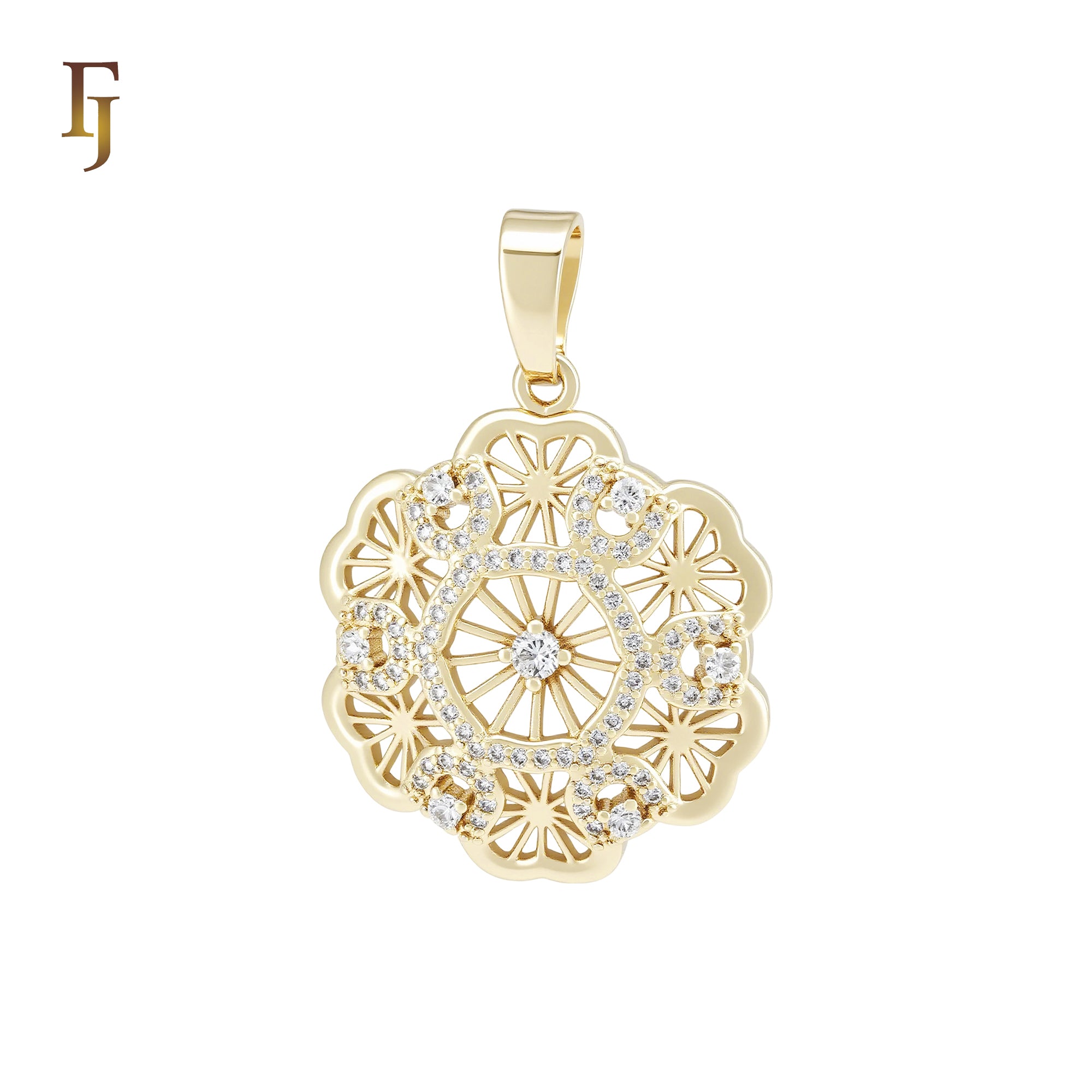 Radiant Hexagon Snowflake white CZs 14K Gold Filigree Pendant