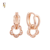 White CZs rounded flower drop Curved shape Rose Gold Huggie Earrings