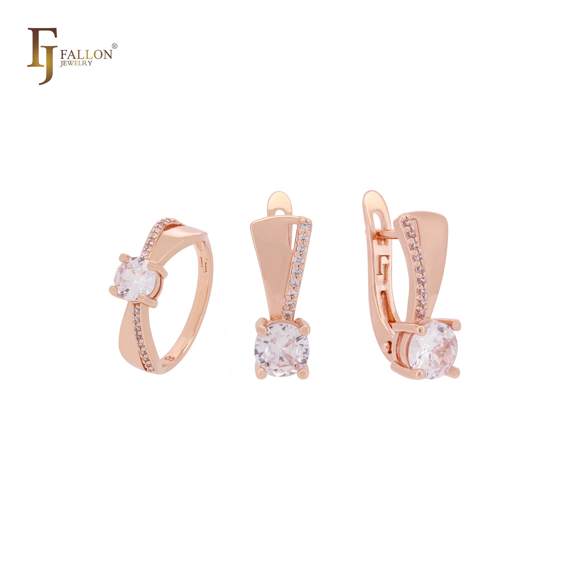 Conjunto de joyas de oro rosa con solitario y circonitas blancas pavimentadas y anillos
