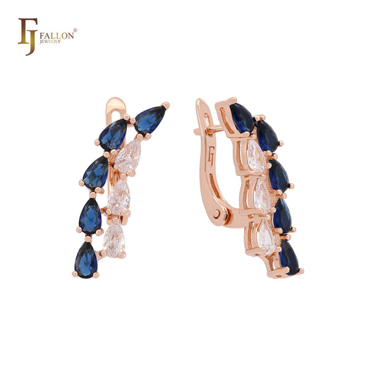 Pendientes de clip de doble hilera con circonitas azules y blancas mixtas