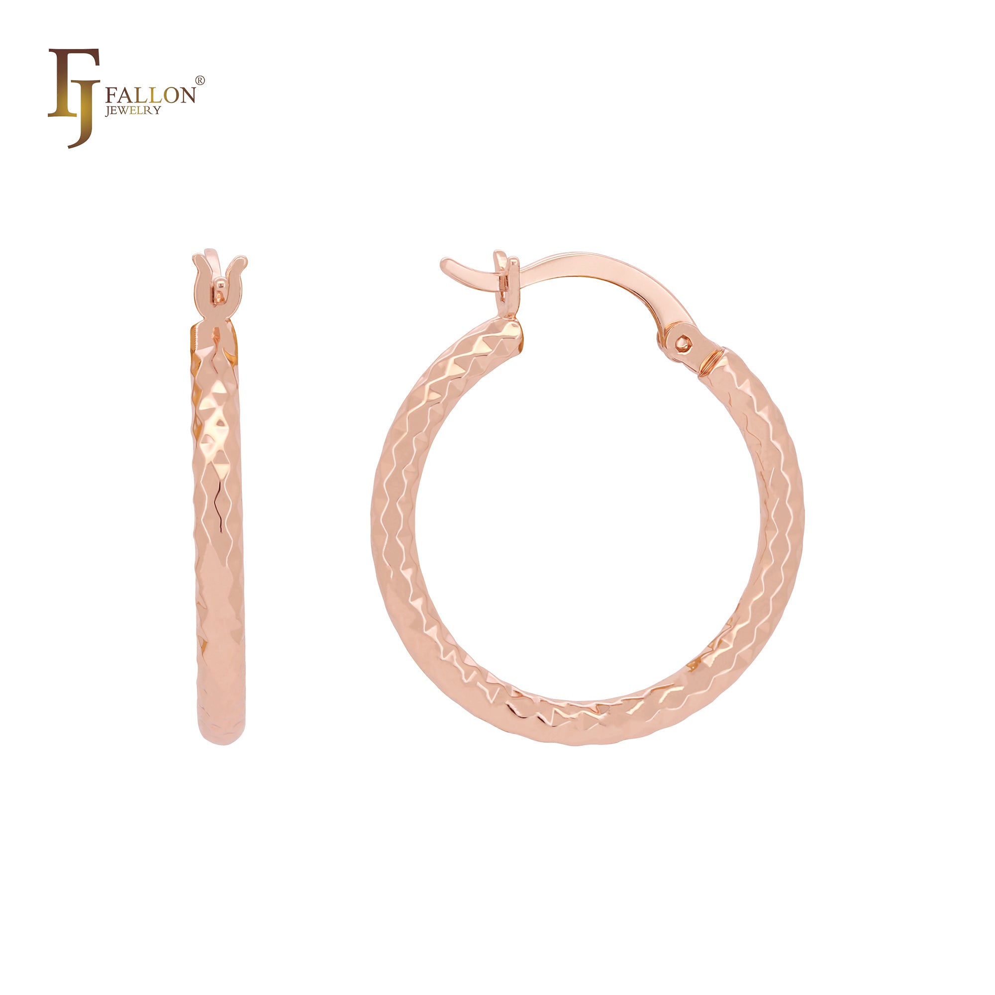 Elegantes aretes de aro minimalistas de oro rosa y oro de 14 quilates con textura de rombo compacto
