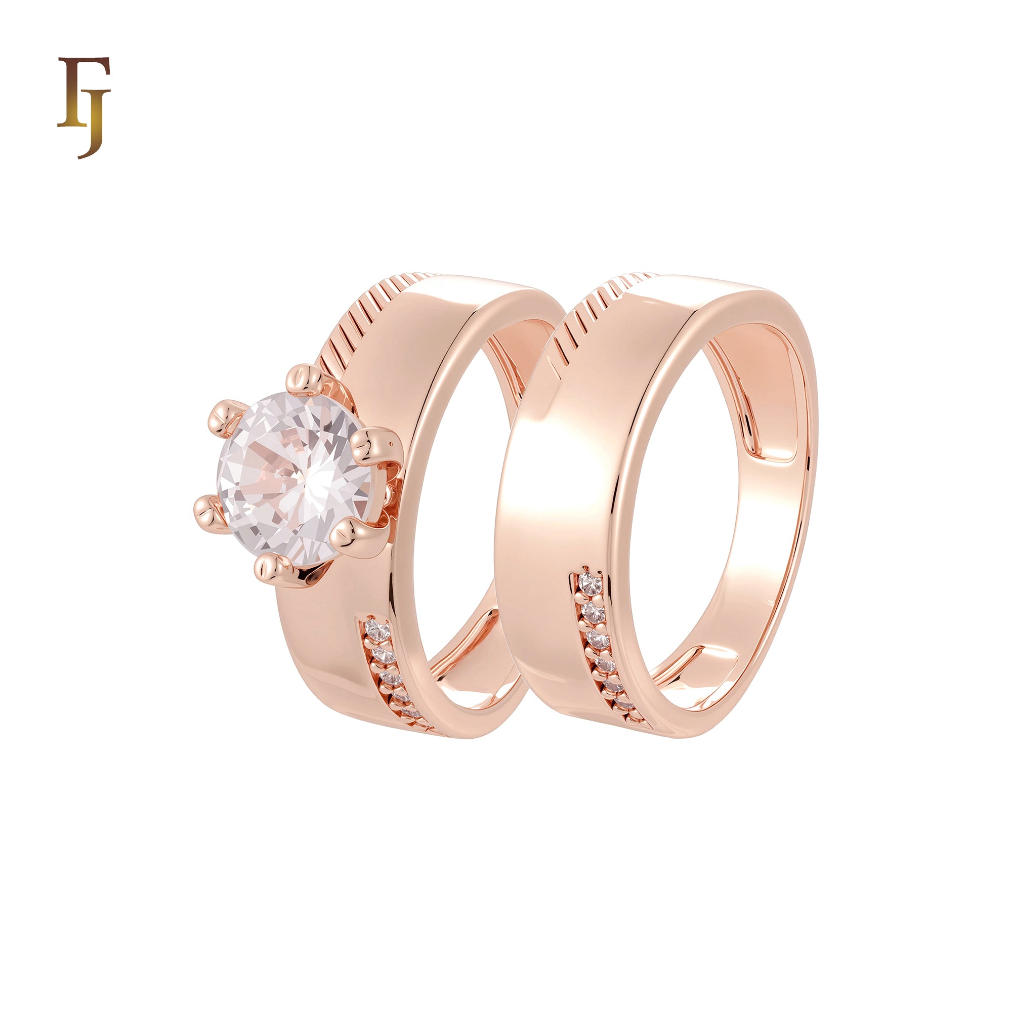 Wide hammered and paved white CZs 14K Gold, Rose Gold Wedding Set Rings Engagement and Band