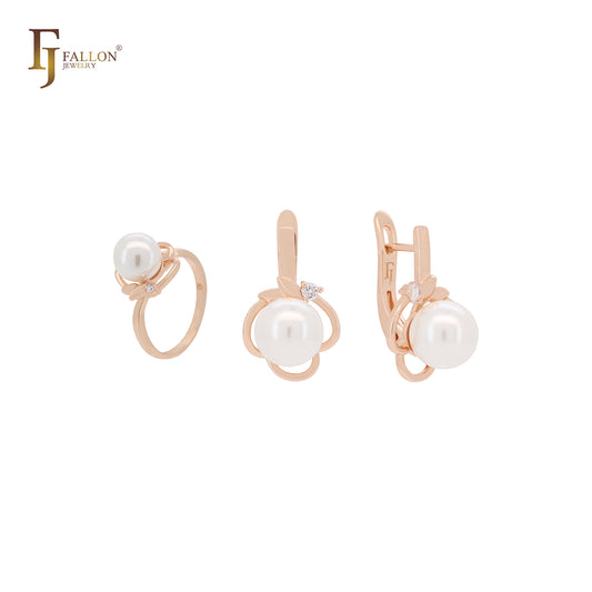 Conjunto de joias elegantes em ouro rosa com folhas e pérolas e anéis