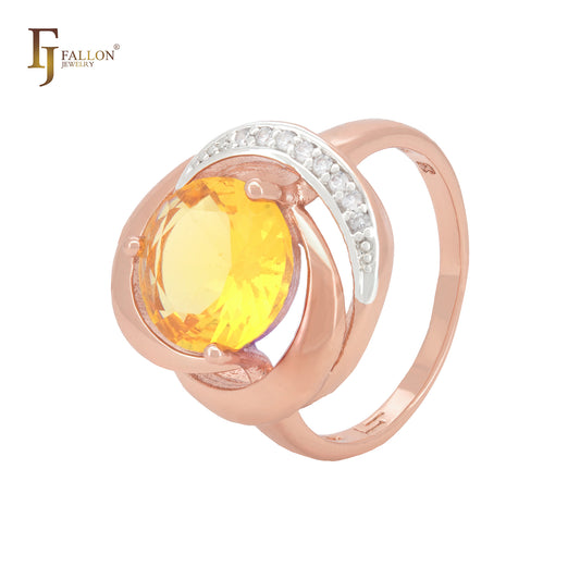 Anillo de moda de oro rosa en dos tonos con circonita cúbica amarilla y solitario grande de triple giro.