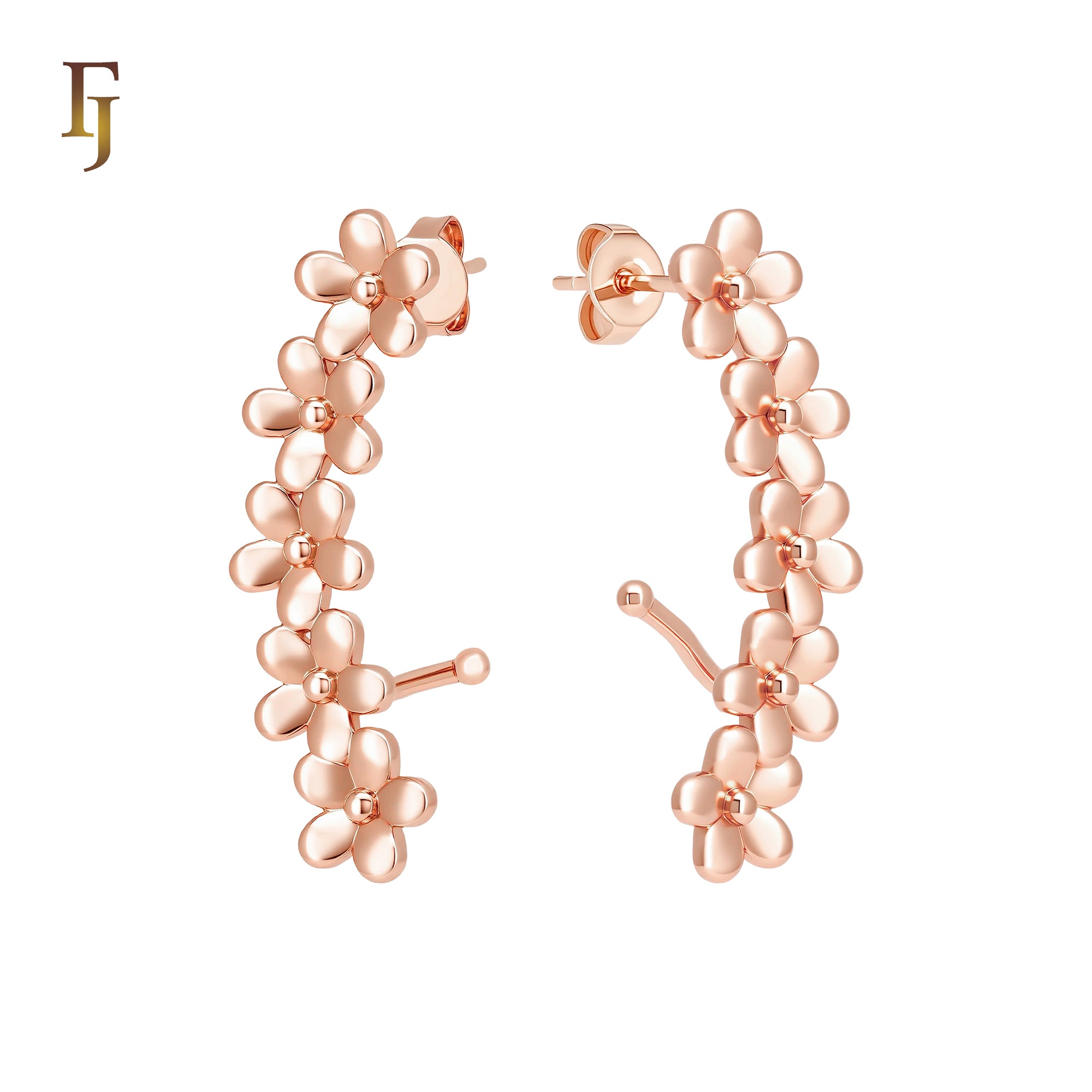 Five Petals flower cluster 14K Gold, Rose Gold Cuff Stud Earrings