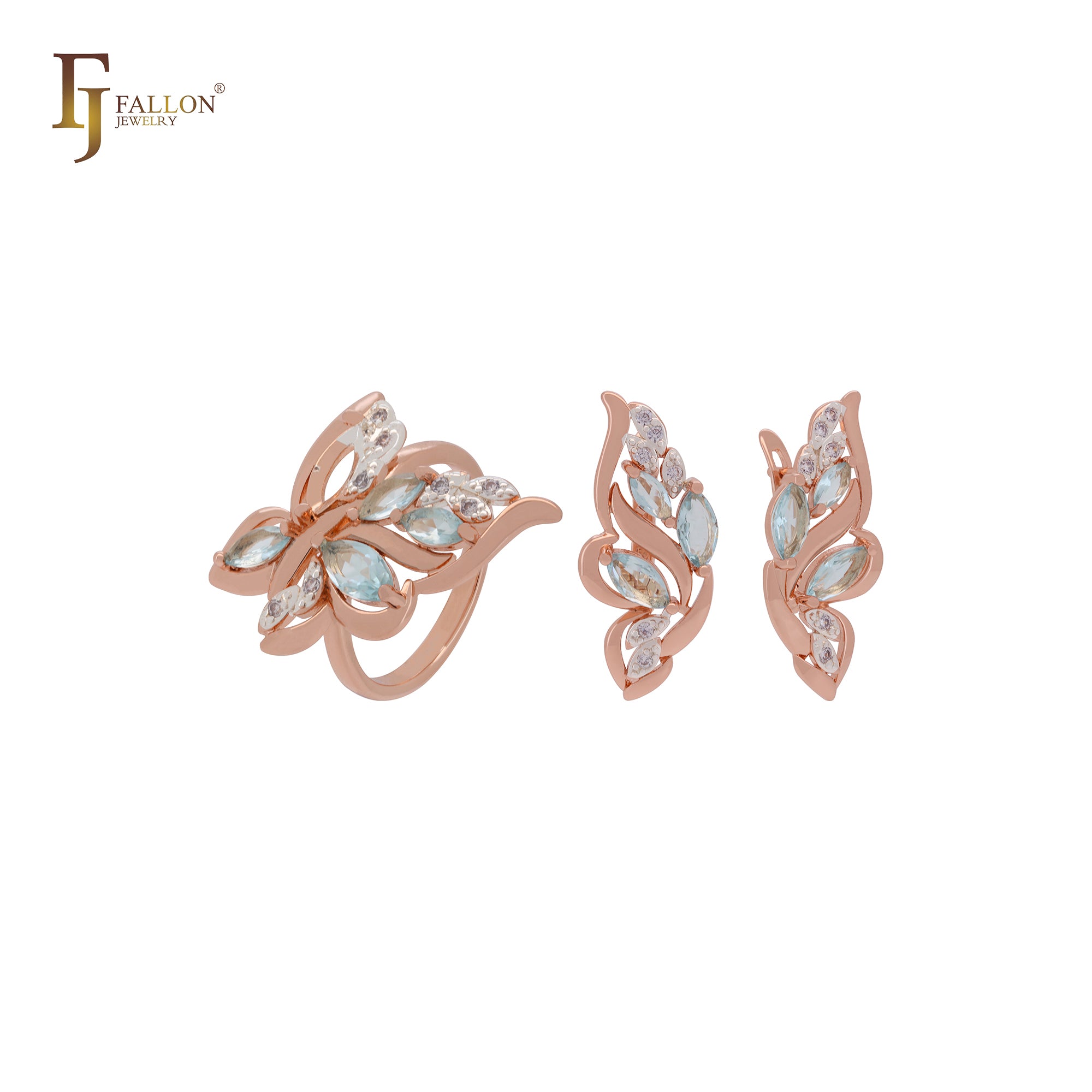 Conjunto de joyas de oro rosa de dos tonos con anillos y hojas de flores en racimo de circonitas azul lago.