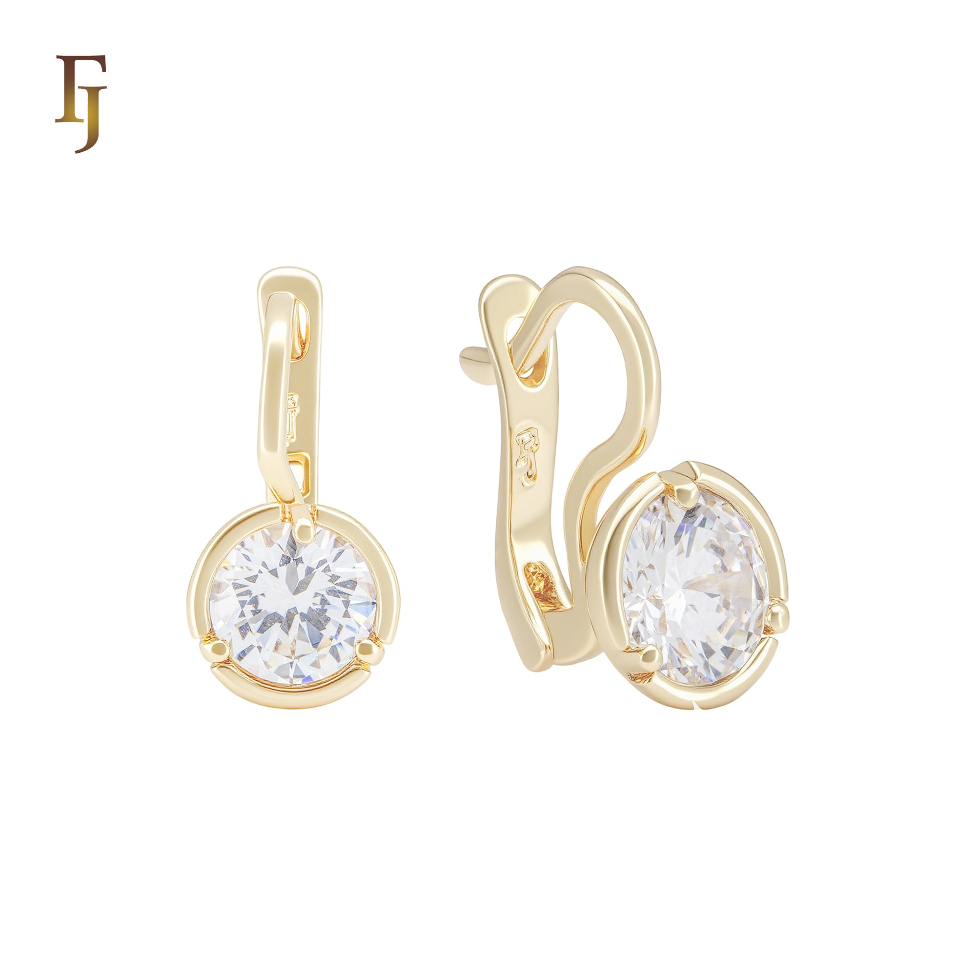 Solitaire rounded white CZs 14K Gold Russian Lock Earrings