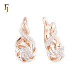 Luxurious elegant spinning ribbon flower of white CZs Rose Gold two tone Russian Lock Earrings