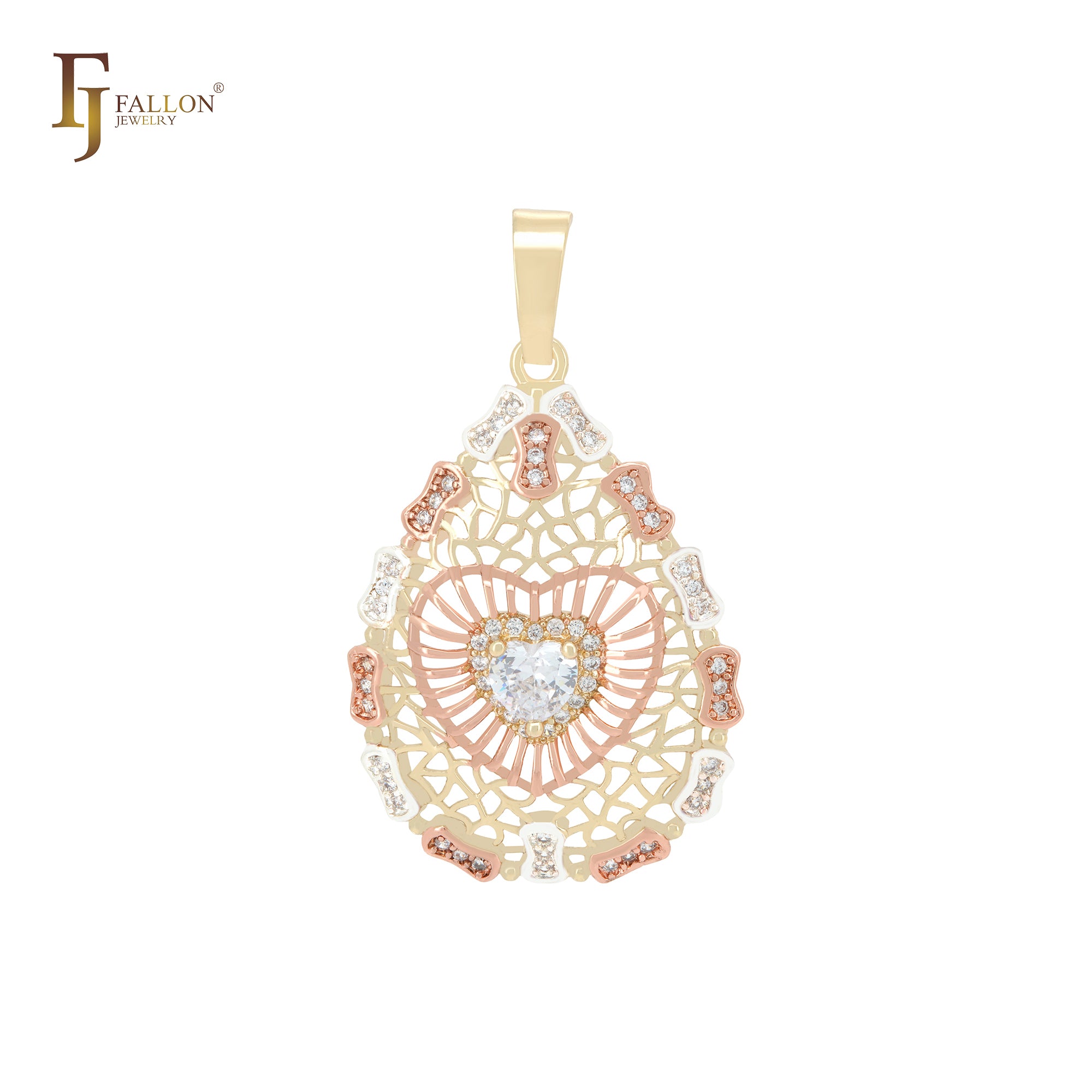 Heart-Shaped Crystal Teardrop Pendant | 14K Gold & Rose Gold Plated Filigree Necklace Charm – FJ Jewelry
