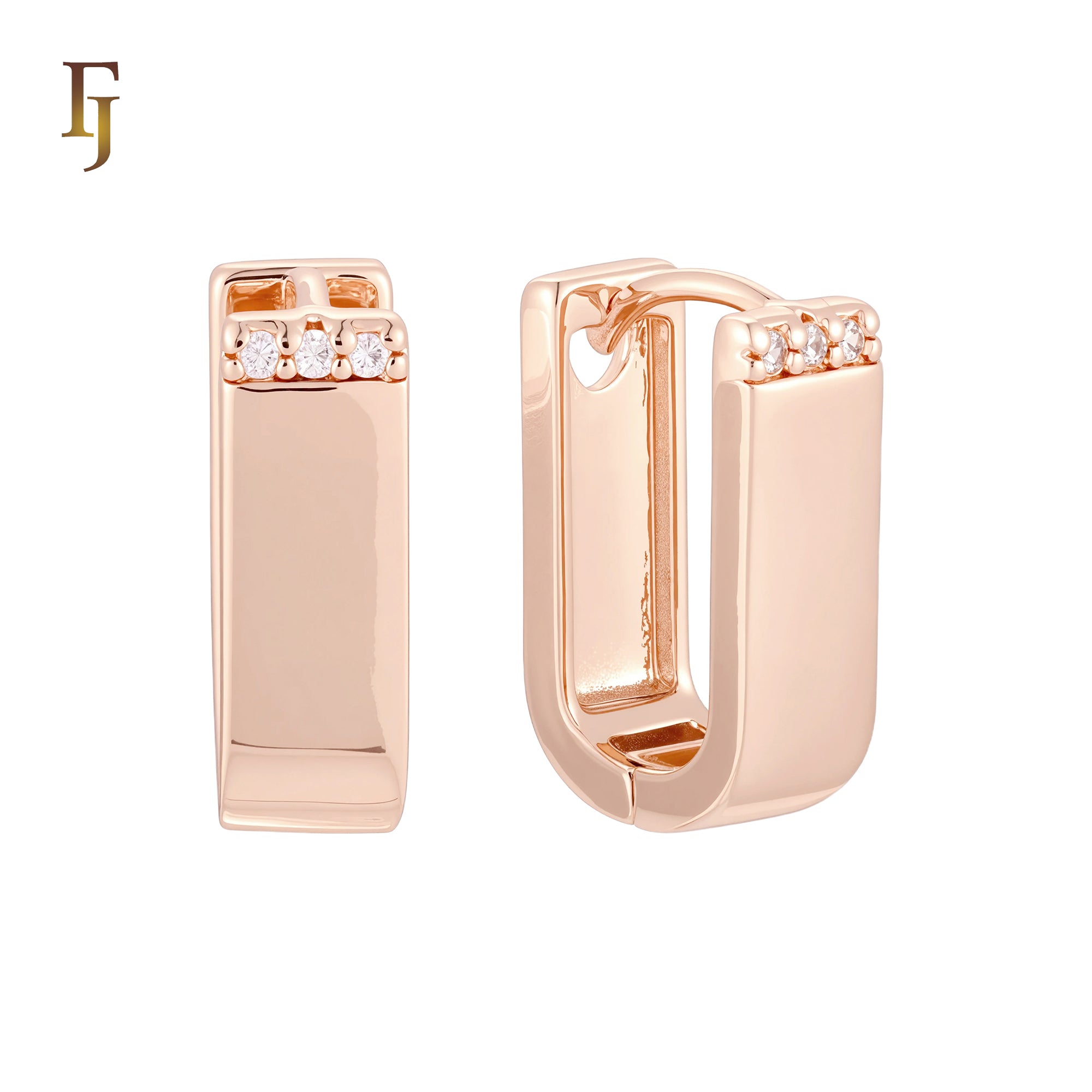 Wide U shaped white CZs Rose Gold Huggie Earrings