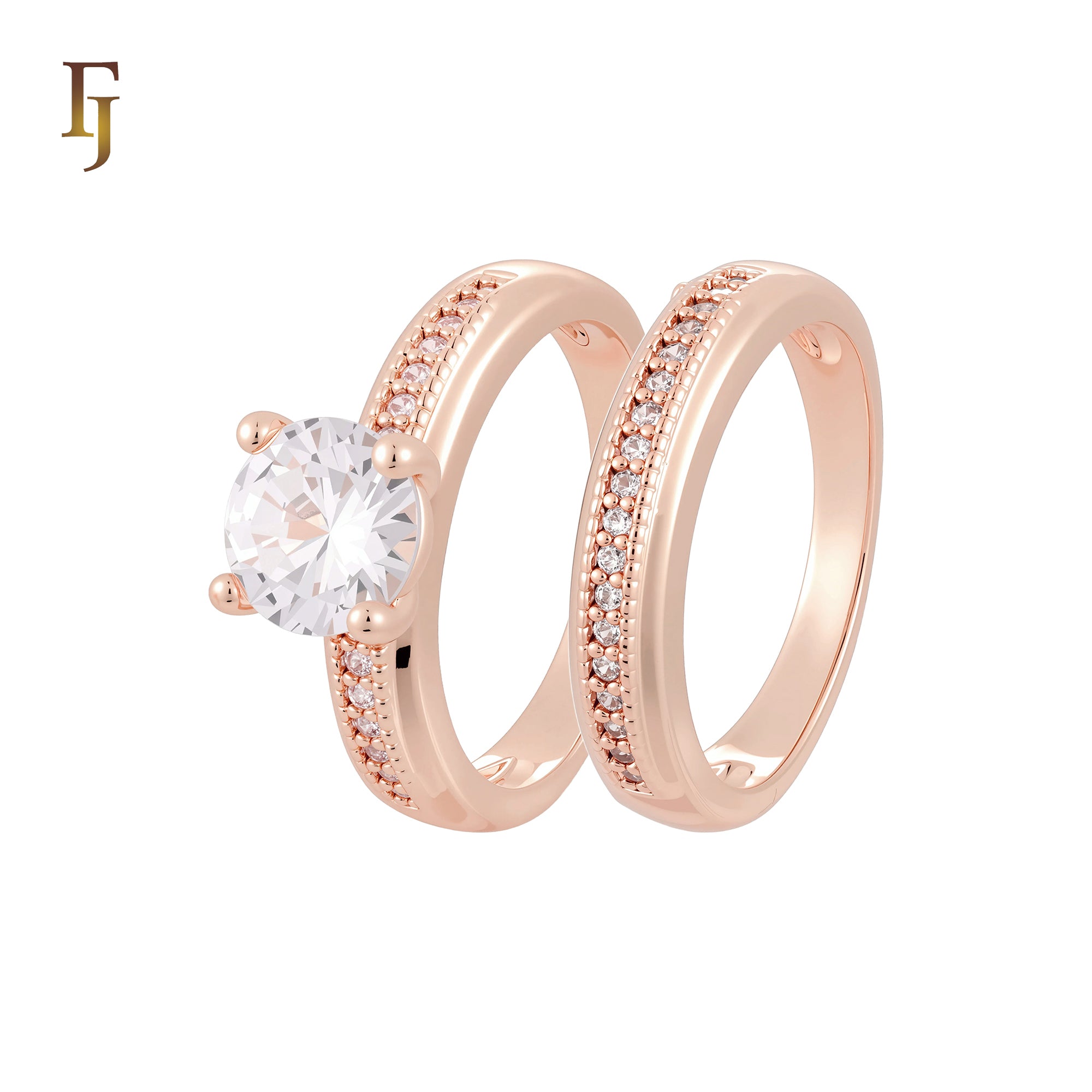 Centered paved white CZs 14K Gold, Rose Gold Wedding Set Rings Engagement and Band
